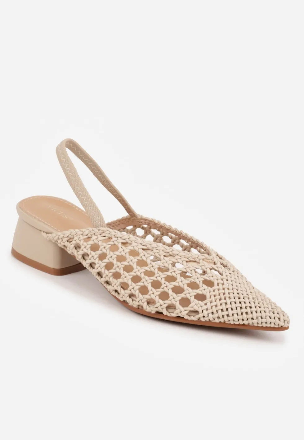 Ciemnobeżowe Czółenka VICES w typie Slingback z Ażurową Plecioną Cholewką na Słupku Chelvianna