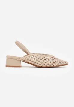 Ciemnobeżowe Czółenka VICES w typie Slingback z Ażurową Plecioną Cholewką na Słupku Chelvianna