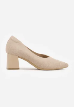 Ciemnobeżowe Czółenka VICES z Dzianiny na Geometrycznym Słupku z Wkładką Soft-Step Daphilane