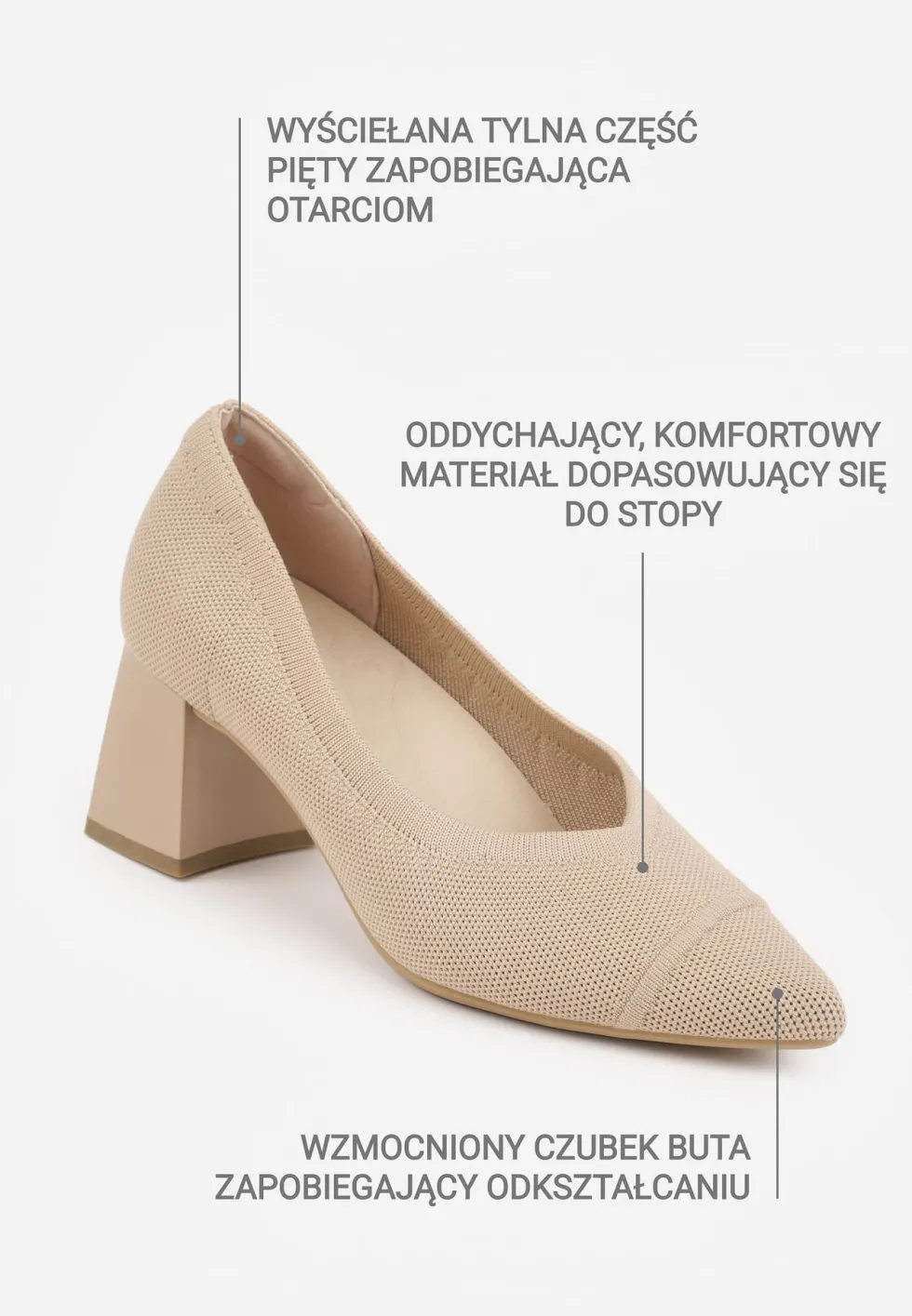 Ciemnobeżowe Czółenka VICES z Dzianiny na Geometrycznym Słupku z Wkładką Soft-Step Daphilane