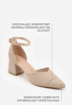 Ciemnobeżowe Czółenka ze Sportowej Tkaniny VICES na Słupku z Paskiem przy Kostce Loraira