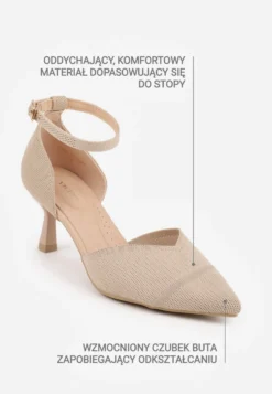 Ciemnobeżowe Czółenka z Tkaniny VICES na Niskim Obcasie z Paskiem Wokół Kostki i Wkładką Soft-Step Xylieth