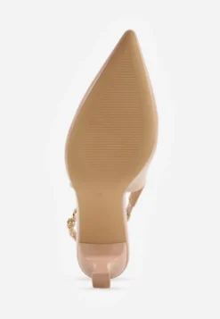 Ciemnobeżowe Eleganckie Szpilki Slingback VICES z Ozdobną Aplikacją przy Pasku Natera