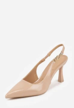 Ciemnobeżowe Eleganckie Szpilki Slingback VICES z Ozdobną Aplikacją przy Pasku Natera