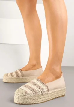 Ciemnobeżowe Espadryle na Platformie Ozdobione Plecionką w Stylu Boho Lelisse