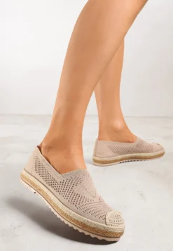 Ciemnobeżowe Espadryle na Plecionej Podeszwie z Ażurową Cholewką Uraian