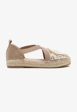Ciemnobeżowe Espadryle w Stylu Boho Zdobione Haftem Cekinami i Plecionką Idariva