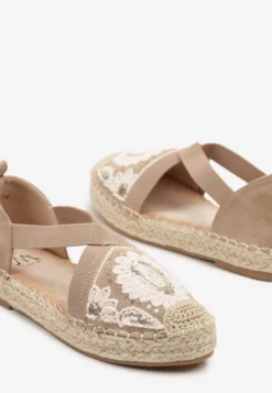 Ciemnobeżowe Espadryle w Stylu Boho Zdobione Haftem Cekinami i Plecionką Idariva