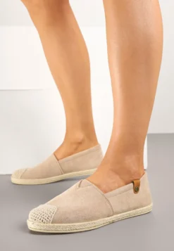 Ciemnobeżowe Espadryle z Elastyczną Wstawką Zdobione Plecionką Kinellis