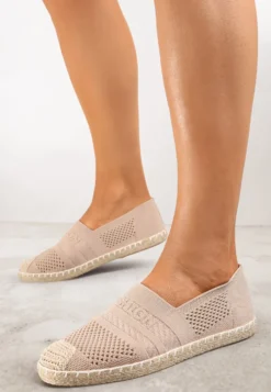 Ciemnobeżowe Espadryle z Plecioną Cholewką przed Kostkę Mokosa