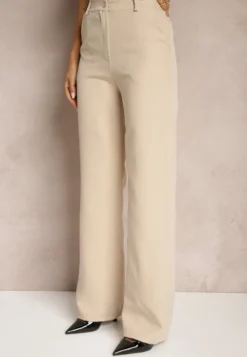 Ciemnobeżowe Garniturowe Spodnie High Waist z Kieszeniami Blathe