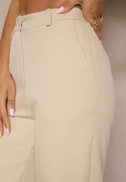 Ciemnobeżowe Garniturowe Spodnie High Waist z Kieszeniami Blathe