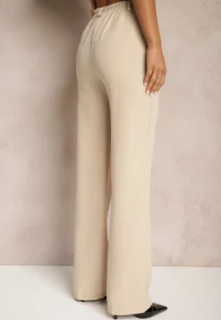 Ciemnobeżowe Garniturowe Spodnie High Waist z Kieszeniami Blathe