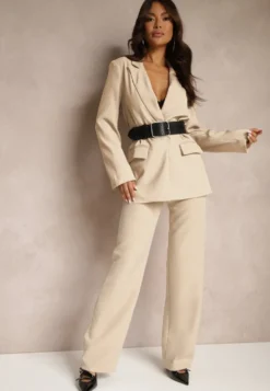 Ciemnobeżowe Garniturowe Spodnie High Waist z Kieszeniami Blathe