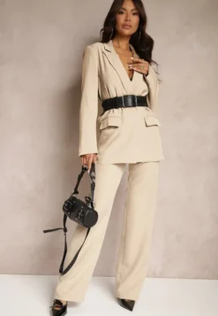 Ciemnobeżowe Garniturowe Spodnie High Waist z Kieszeniami Blathe