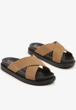 Ciemnobeżowe Klapki Ozdobione Dwoma Paskami Liasuntia