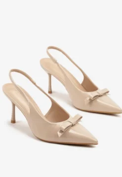 Ciemnobeżowe Lakierowane Sandały Szpilki Vices Typu Slingback z Kokardą Dorozia