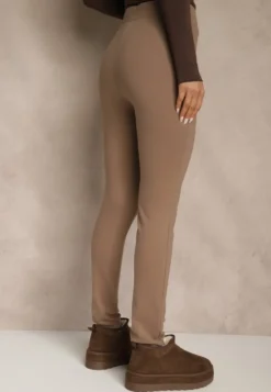 Ciemnobeżowe Legginsy High Waist z Wiskozą z Cyrkoniowym Guzikiem Naliselle