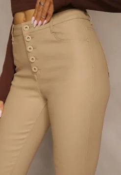 Ciemnobeżowe Modelujące Spodnie z Imitacji Skóry o Fasonie Skinny Caetana
