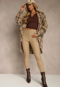 Ciemnobeżowe Modelujące Spodnie z Imitacji Skóry o Fasonie Skinny Caetana