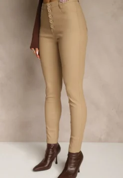 Ciemnobeżowe Modelujące Spodnie z Imitacji Skóry o Fasonie Skinny Caetana