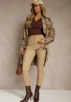 Ciemnobeżowe Modelujące Spodnie z Imitacji Skóry o Fasonie Skinny Caetana