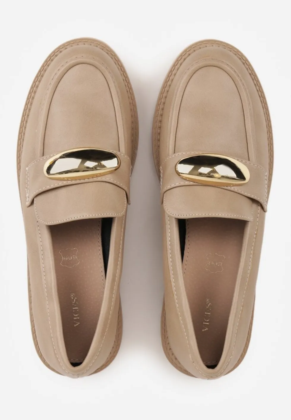 Ciemnobeżowe Mokasyny Vices z Wkładką ze Skóry Naturalnej z Metaliczną Aplikacją Fergia