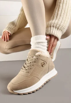 Ciemnobeżowe Ocieplane Sneakersy na Platformie Appopis