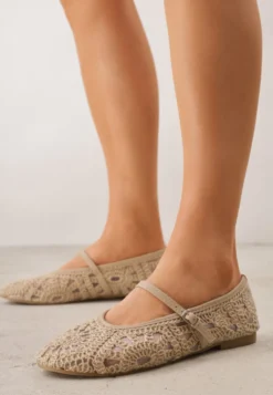Ciemnobeżowe Plecione Balerinki Boho w Stylu Mary Jane z Siateczki Raithea