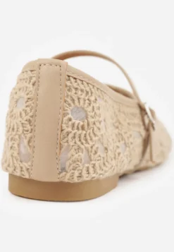 Ciemnobeżowe Plecione Balerinki Boho w Stylu Mary Jane z Siateczki Raithea