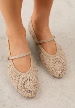 Ciemnobeżowe Plecione Balerinki Boho w Stylu Mary Jane z Siateczki Raithea