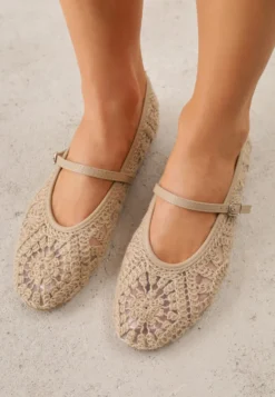 Ciemnobeżowe Plecione Balerinki Boho w Stylu Mary Jane z Siateczki Raithea