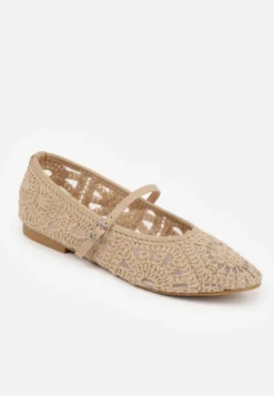Ciemnobeżowe Plecione Balerinki Boho w Stylu Mary Jane z Siateczki Raithea