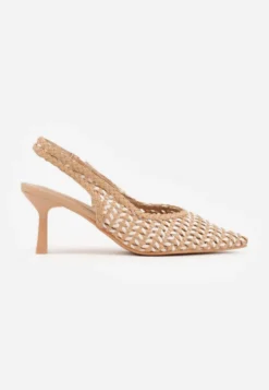 Ciemnobeżowe Plecione Czółenka Slingback na Szpilce z Ażurową Cholewką Hibiscae