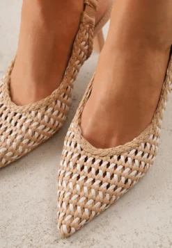 Ciemnobeżowe Plecione Czółenka Slingback na Szpilce z Ażurową Cholewką Hibiscae