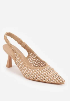 Ciemnobeżowe Plecione Czółenka Slingback na Szpilce z Ażurową Cholewką Hibiscae