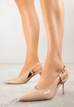 Ciemnobeżowe Sandały Lakierowane Vices na Szpilce Slingback Raleira