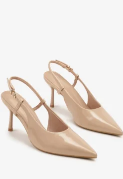 Ciemnobeżowe Sandały Lakierowane Vices na Szpilce Slingback Raleira