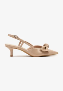 Ciemnobeżowe Sandały Lakierowane Vices na Kaczuszce Typu Slingback z Kokardą Kovenna