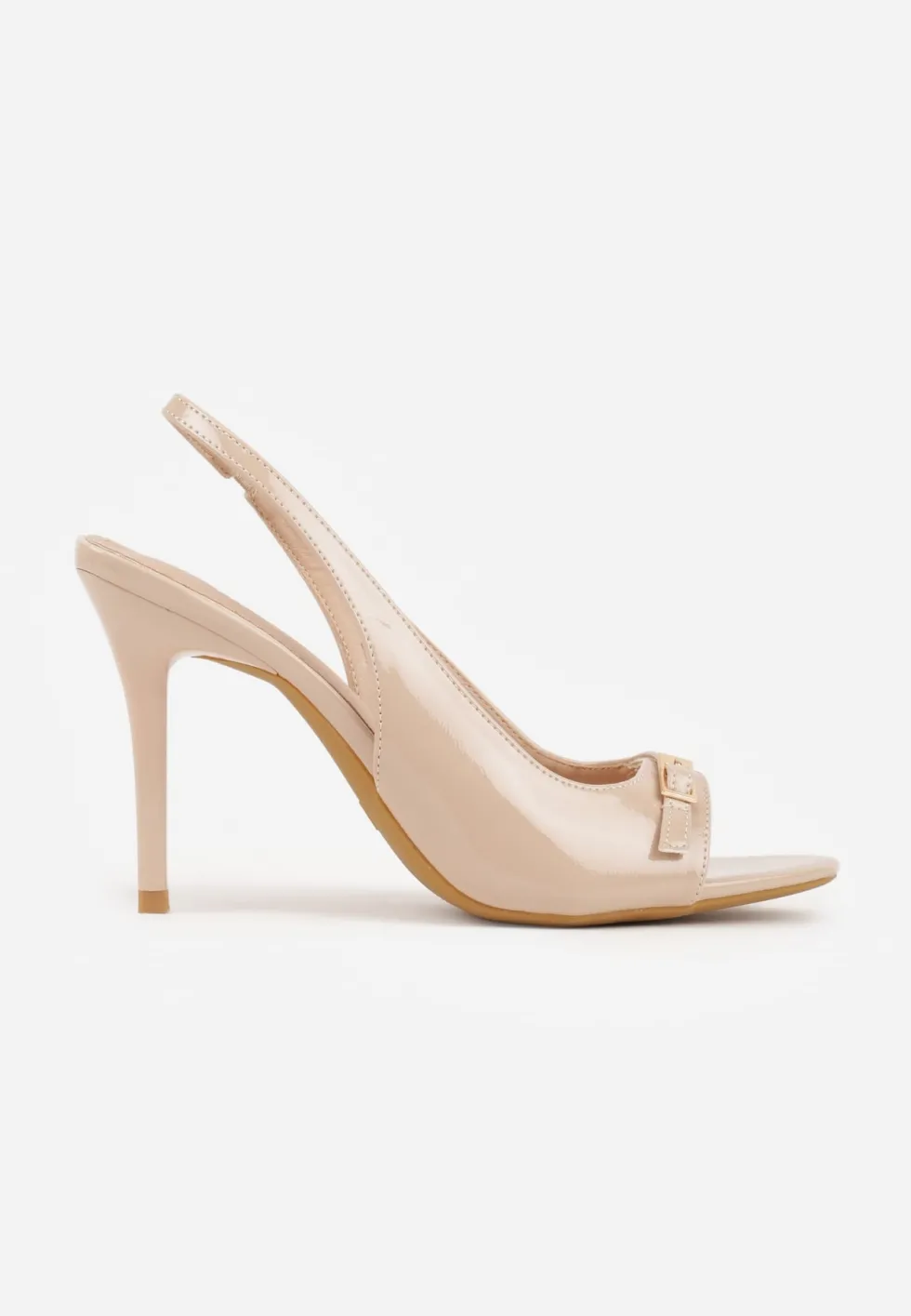 Ciemnobeżowe Sandały Lakierowane VICES na Szpilce Slingback z Metaliczną Klamrą Harmonia