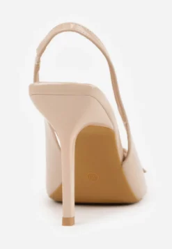 Ciemnobeżowe Sandały Lakierowane VICES na Szpilce Slingback z Metaliczną Klamrą Harmonia