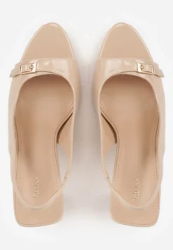 Ciemnobeżowe Sandały Lakierowane VICES na Szpilce Slingback z Metaliczną Klamrą Harmonia