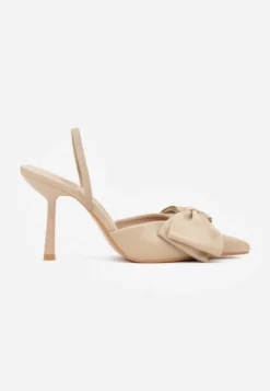 Ciemnobeżowe Sandały na Szpilce Slingback Ozdobione Kokardą Terrafera