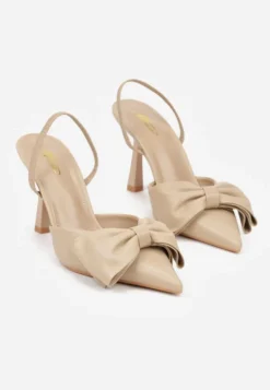 Ciemnobeżowe Sandały na Szpilce Slingback Ozdobione Kokardą Terrafera