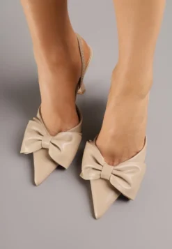 Ciemnobeżowe Sandały na Szpilce Slingback Ozdobione Kokardą Terrafera