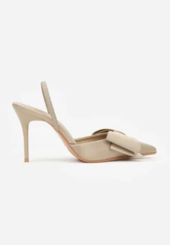 Ciemnobeżowe Sandały Satynowe na Szpilce Slingback Ozdobione Kokardą Daemoris
