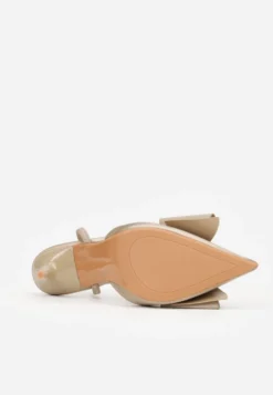 Ciemnobeżowe Sandały Satynowe na Szpilce Slingback Ozdobione Kokardą Daemoris