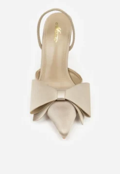 Ciemnobeżowe Sandały Satynowe na Szpilce Slingback Ozdobione Kokardą Daemoris