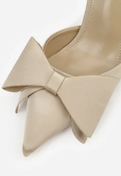 Ciemnobeżowe Sandały Satynowe na Szpilce Slingback Ozdobione Kokardą Daemoris