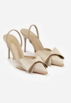 Ciemnobeżowe Sandały Satynowe na Szpilce Slingback Ozdobione Kokardą Daemoris